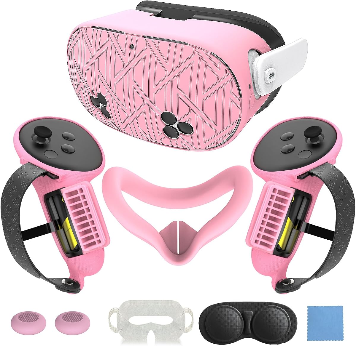 Juego de Fundas Protectoras de Silicona 7 en 1 para Meta Quest 3s_Stripe Pink | Conjunto de realidad virtual mejorado: incluye empuñaduras de controlador de apertura de batería mejoradas, cubierta facial de silicona, carcasa frontal y cubierta de lente.