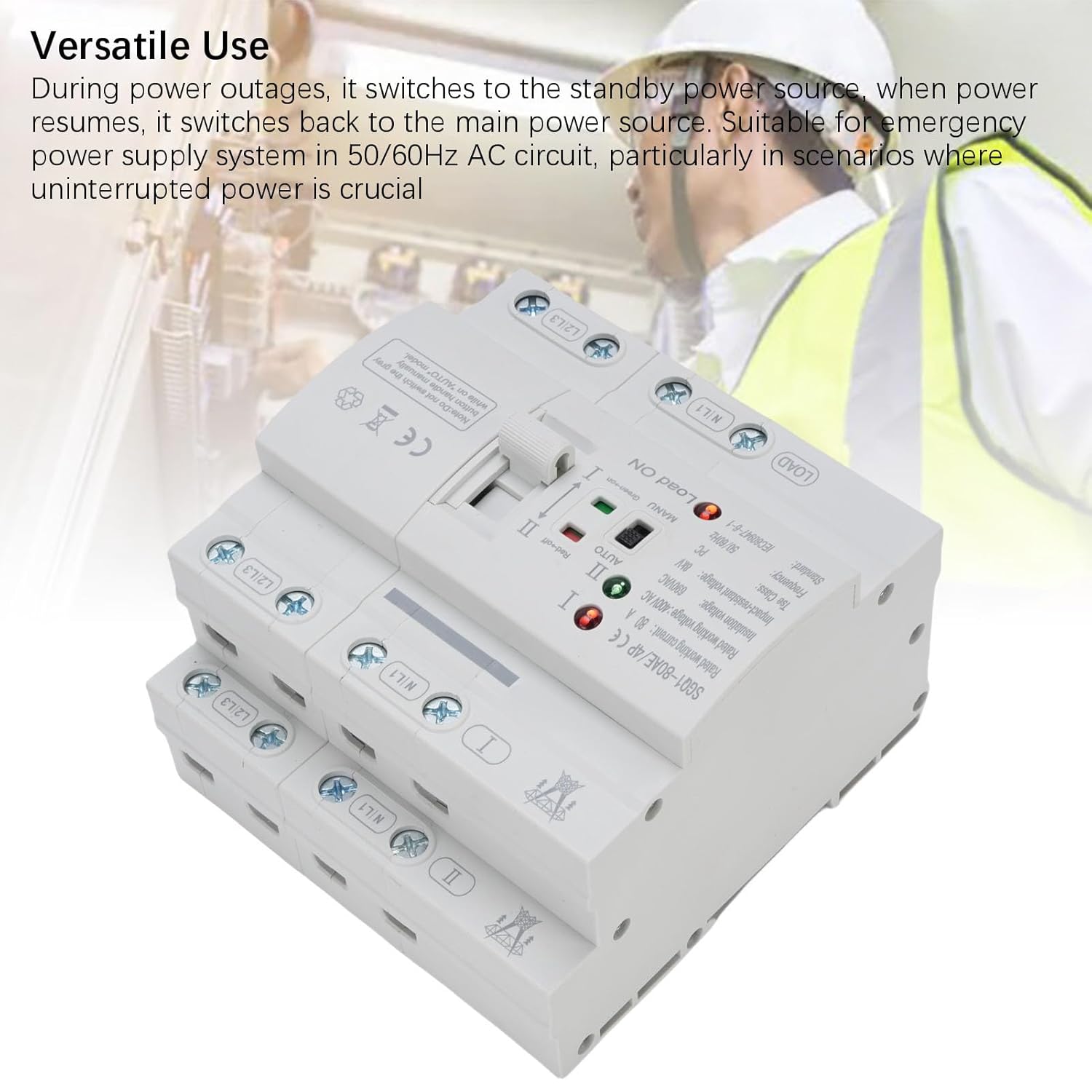Fafeicy Double Power Automatic Transfer Switch, 4P 80A Emergency Changeover Switch with Millisecond Level Switching for Home AC System 50/60Hz