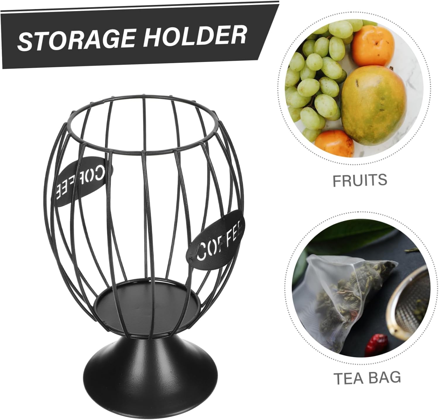 1Pc Capsule Storage Basket with Stable Base for Home and Kitchen Hollowed Pod Organizer for Snacks and Fruits Medium Black Iron Holder for Office and Use