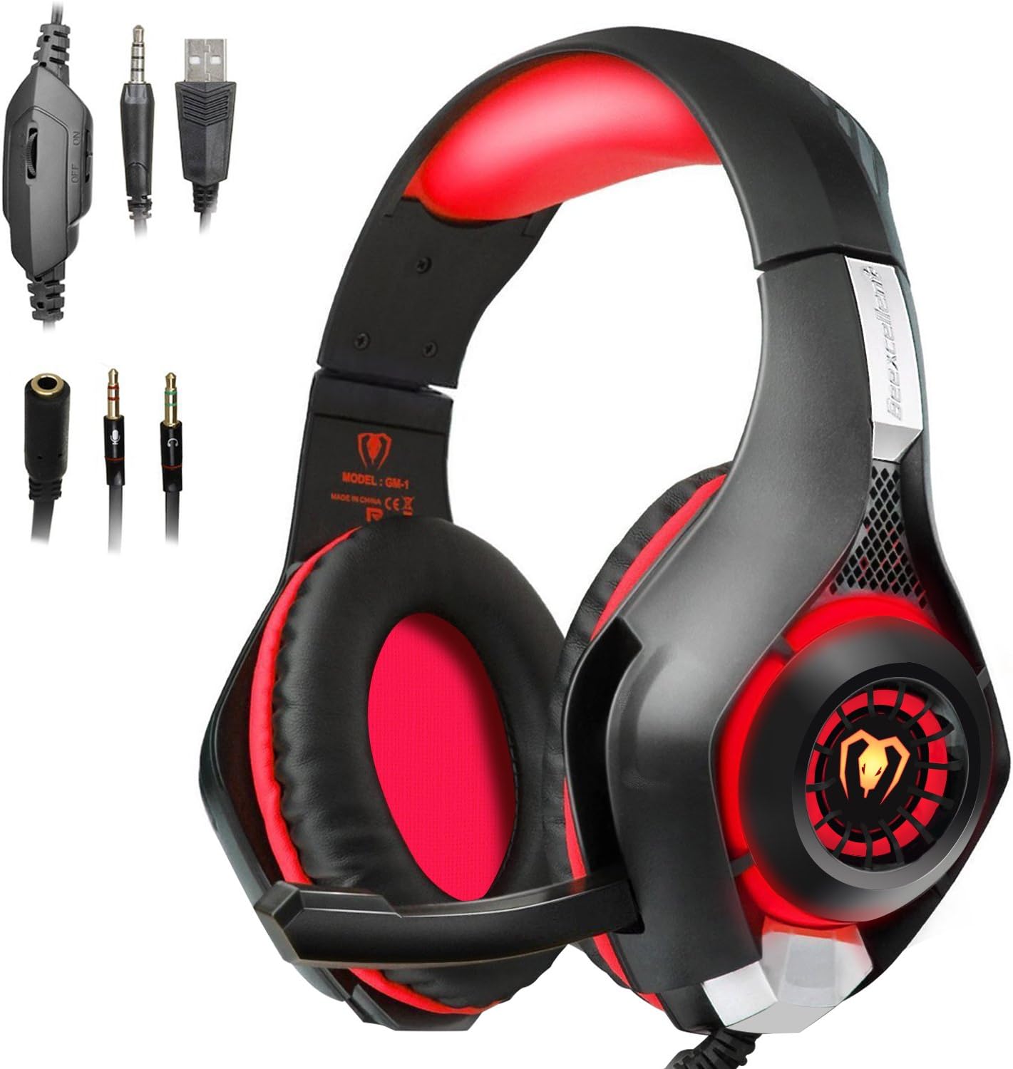 redhoney Gaming Headset with Mic for PS4, PC, Xbox One, Over Ear Game Headphones, Surround Sound, Noise Reduction, Easy Volume Control,3.5MM Jack and LED Lighting