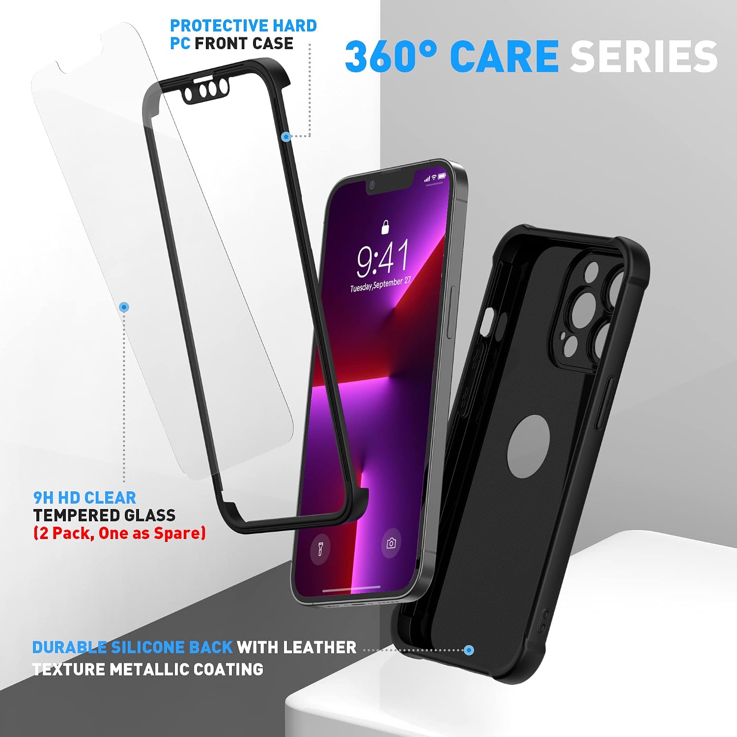 ORETECH for iPhone 13 Pro Max Case, with [2 x Screen Protectors] [10 Ft Military Grade Drop Test] [Camera Protection] 360° Shockproof Slim Thin Phone Case iPhone 13 Pro Max Cover 6.7'' - Black