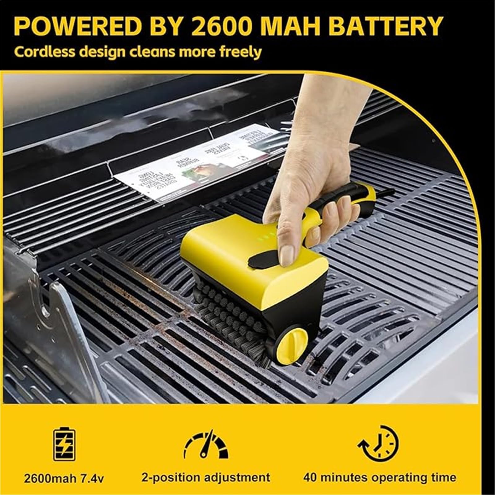 Cepillo eléctrico inalámbrico para parrilla con cabezal giratorio de 360° y caja dispensadora de líquidos, limpiador eléctrico recargable para limpieza de parrilla de barbacoa