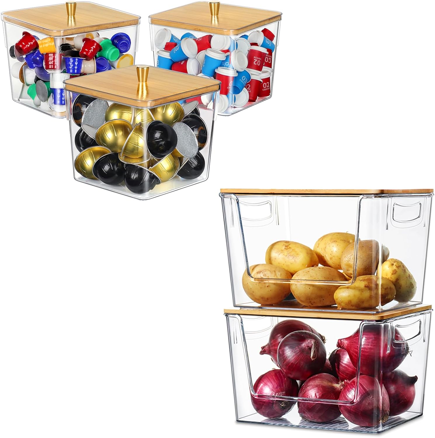 2 PACK Pantry Organizers and Storage Stackable Clear Storage Bins, 3 PACK Large Capacity Storage Containers with Bamboo Lids