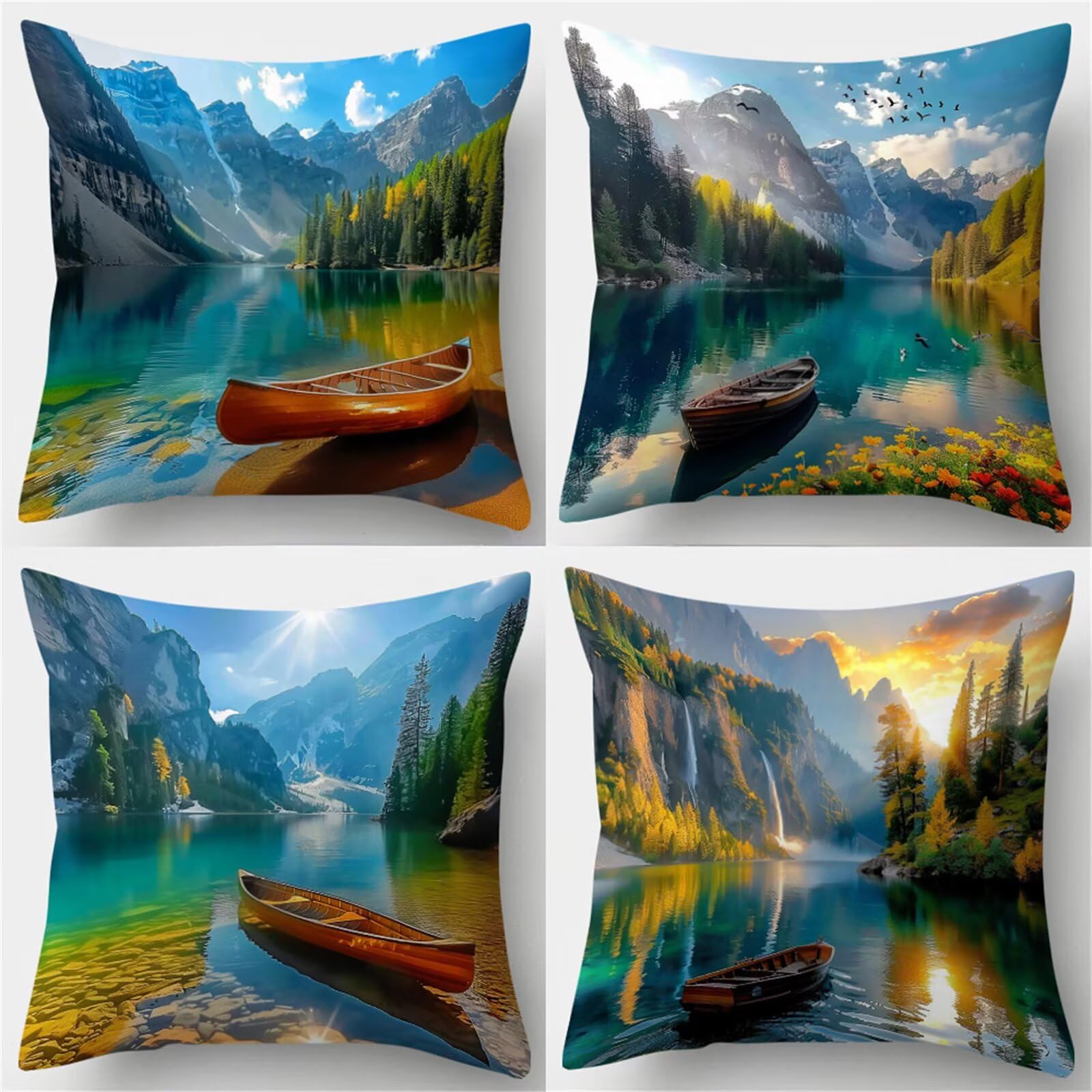 Fundas de Cojines 50x50 cm, Juego de 4 Fundas para Cojines Decorativas de Lino, Montañas Ríos Barcos, Fundas de Almohada para Sofá, Silla y Decoración de Interiores