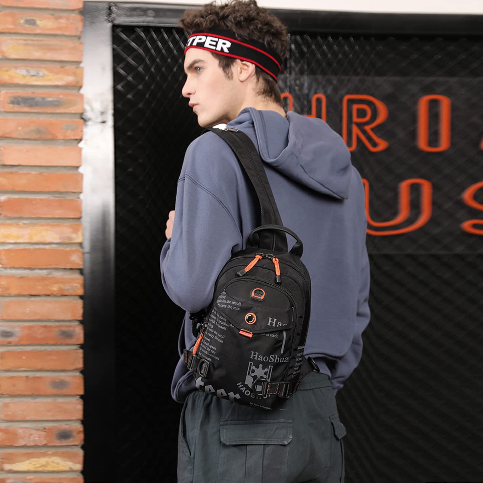 FANDARE Bolsa de Pecho Bolsos Cruzados Mochila Bolsa de Escuela Bolso Hombro Mujer Bolsos Bandolera Cruzada Sling Bag Viaje con Orificio para Auriculares & Correa de Hombro desmontableNegro