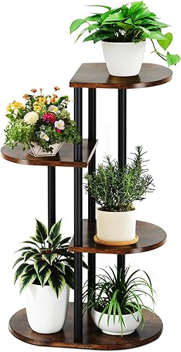 Soporte escalonado para plantas de interior, estante alto de madera para plantas de 4 niveles y 5 macetas para múltiples plantas, soporte para
