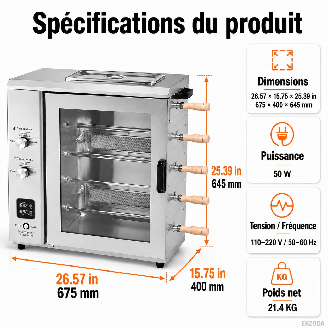 Four Rôtissoire Professionnel à Gaz GPL, Rôtissoire à Poulet 5 Broches en Acier Inox pour Restaurant et Snack