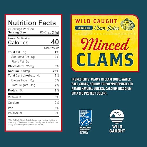 Miniatura 34 de Snow's Wild Caught Chopped Clams enlatadas, lata de 6.5 onzas (paquete de 6) – 0.18 oz de proteína por porción – Sin gluten, apto para dieta