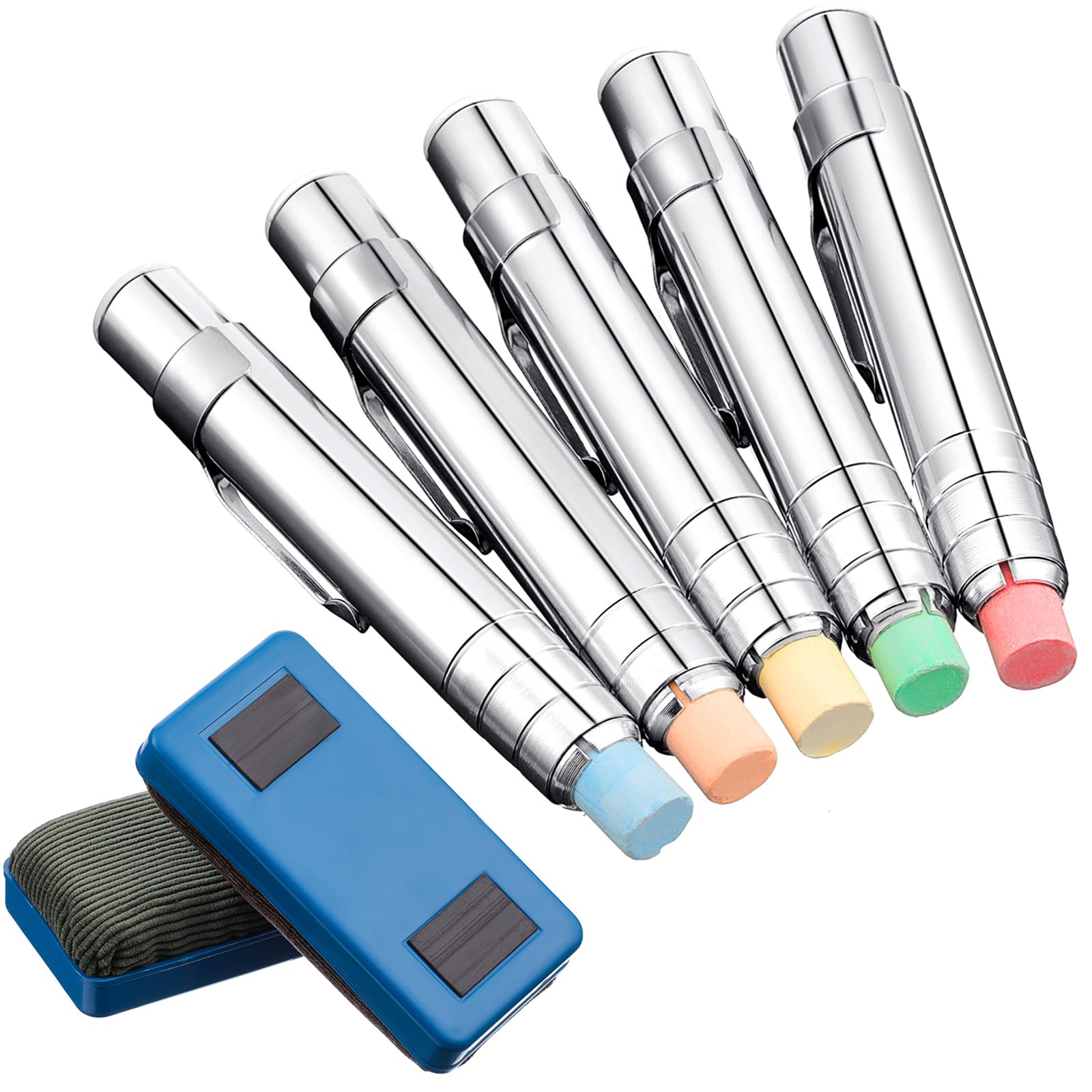 Zonon 5 Packs Aluminum Alloy Chalk Holders for Teachers Sidewalk Holders Clip with 2 Magnetic Chalkboard Erasers Adjustable Unbroken Keeper for Office Painting Writing (No Chalks)