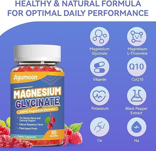 Miniatura 4 de Gomitas de glicinato de magnesio 400 mg con L-treonina 200 mg, calcio, potasio, vitaminas D y B6, CoQ10 - Alta absorción para aliviar el estrés y