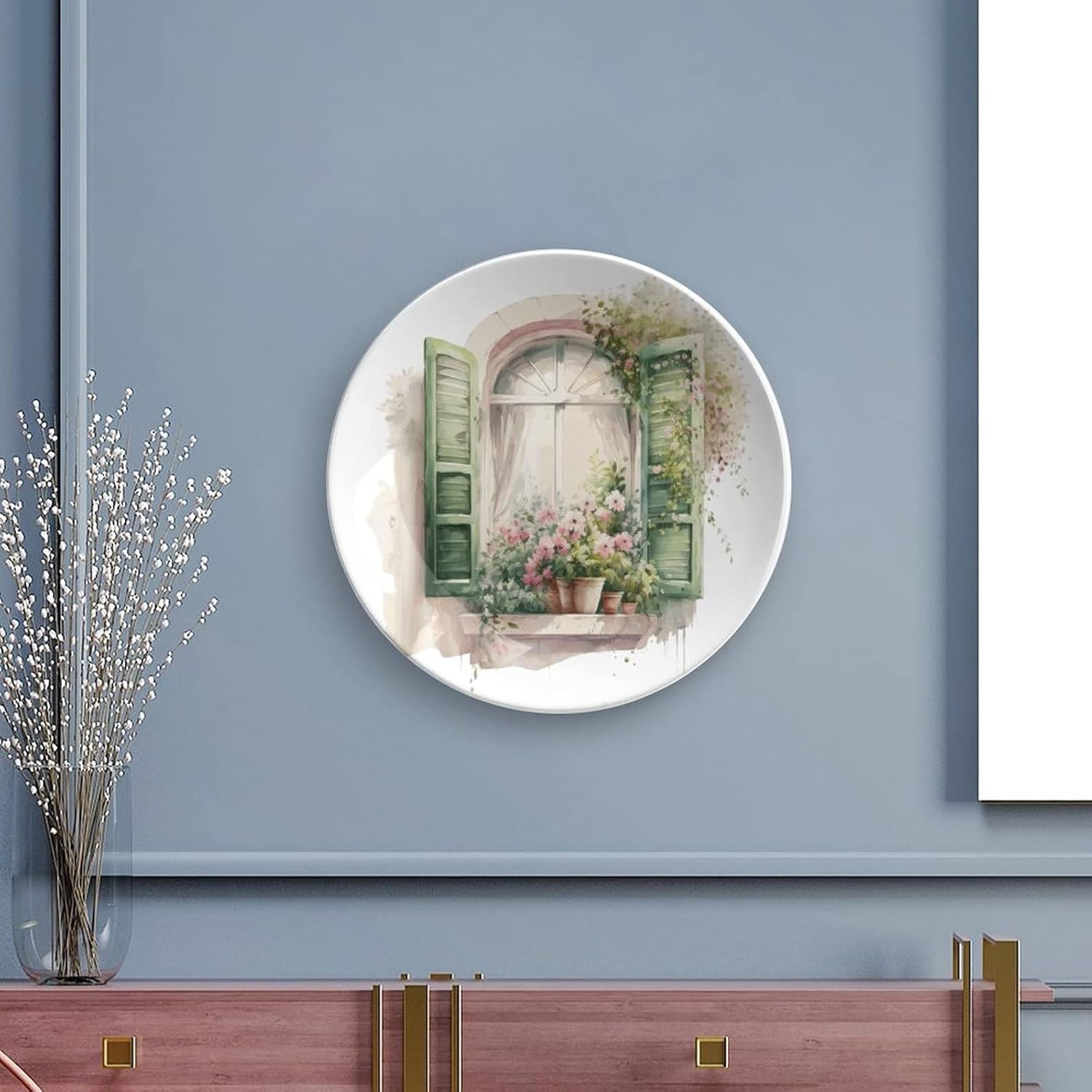 Decorative Plates for Home Decor, Romantic Window And Pink Flower Spring Painting Decor Tray for Table Display, Ceramic Dinner Plate w/ Stand, Kitchen Dining Room Decor, Housewarming Gifts, 7 Inch