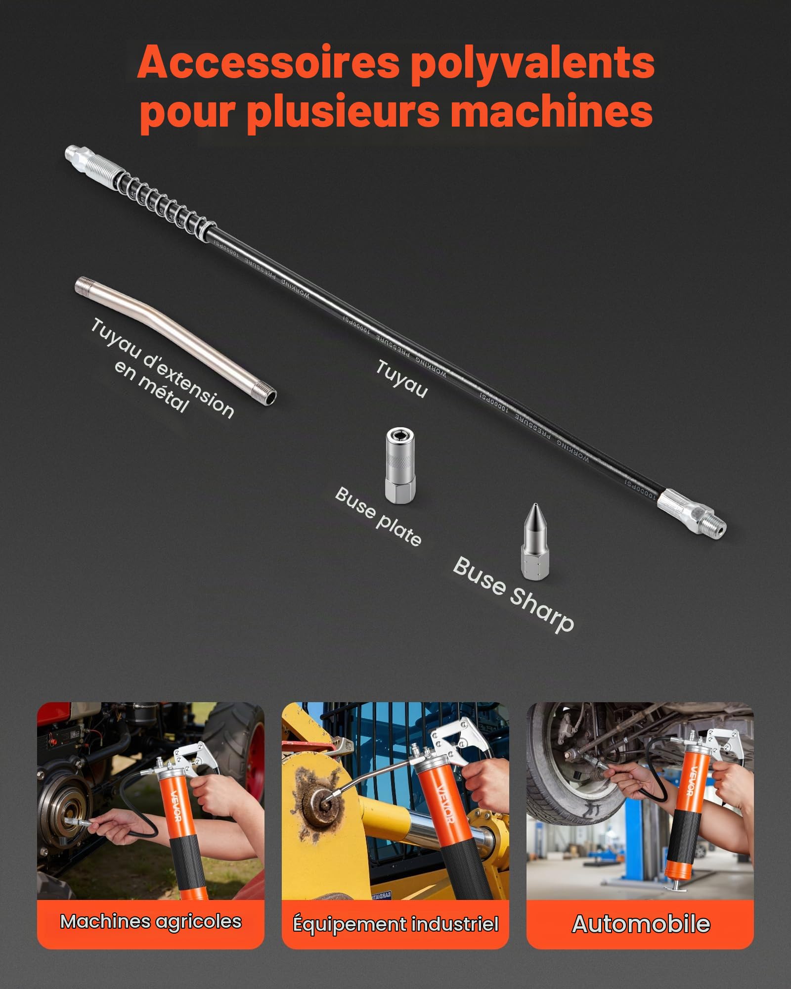 VEVOR Pistolet à Graisse Manuel 551 Bar Pistolet Graisseur à Poignée Capacité 0,4 L pour Machines Automobiles Agricoles Industrielles, Tuyau Flexible 45,7 mm Tube d'Extension Rigide et 1 Buse Pointue