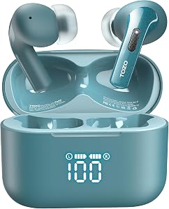 TOZO T20 Wireless Earbuds Bluetooth Headphones 48.5 Hrs Playtime with LED Digital Display, IPX8 Waterproof, Dual Mic Call Noise Cancelling 10mm Broad Range Speakers with Wireless Charging Case Green | 10mm Deep Bass Sound, Dual Mic ENC Clear Calls, I