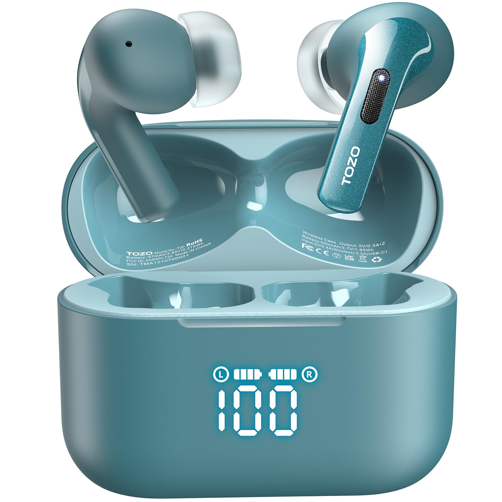TOZO T20 Wireless Earbuds Bluetooth Headphones 48.5 Hrs Playtime with LED Digital Display, IPX8 Waterproof, Dual Mic Call Noise Cancelling 10mm Broad