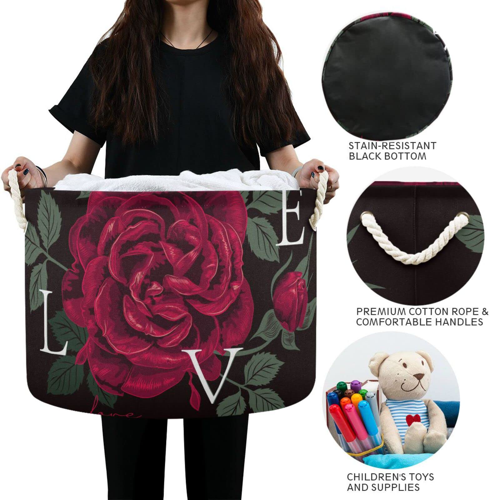 ALAZA Large Storage Basket for Toys Rose Red Love Round Blanket Basket Laundry Hamper Canvas Organizer Bin Box Cotton Rope Collapsible Bucket Pillow Home Decor