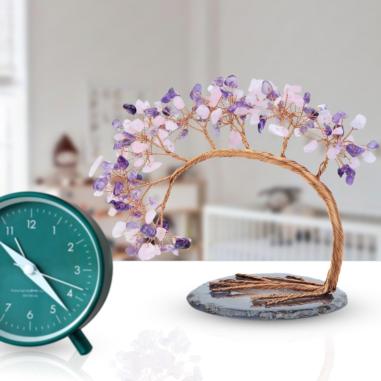 KYEYGWO Amethyst & Rose Quartz Crystal Money Tree FengShui Bonsai Figurines with Agate Slices Base - Image 4