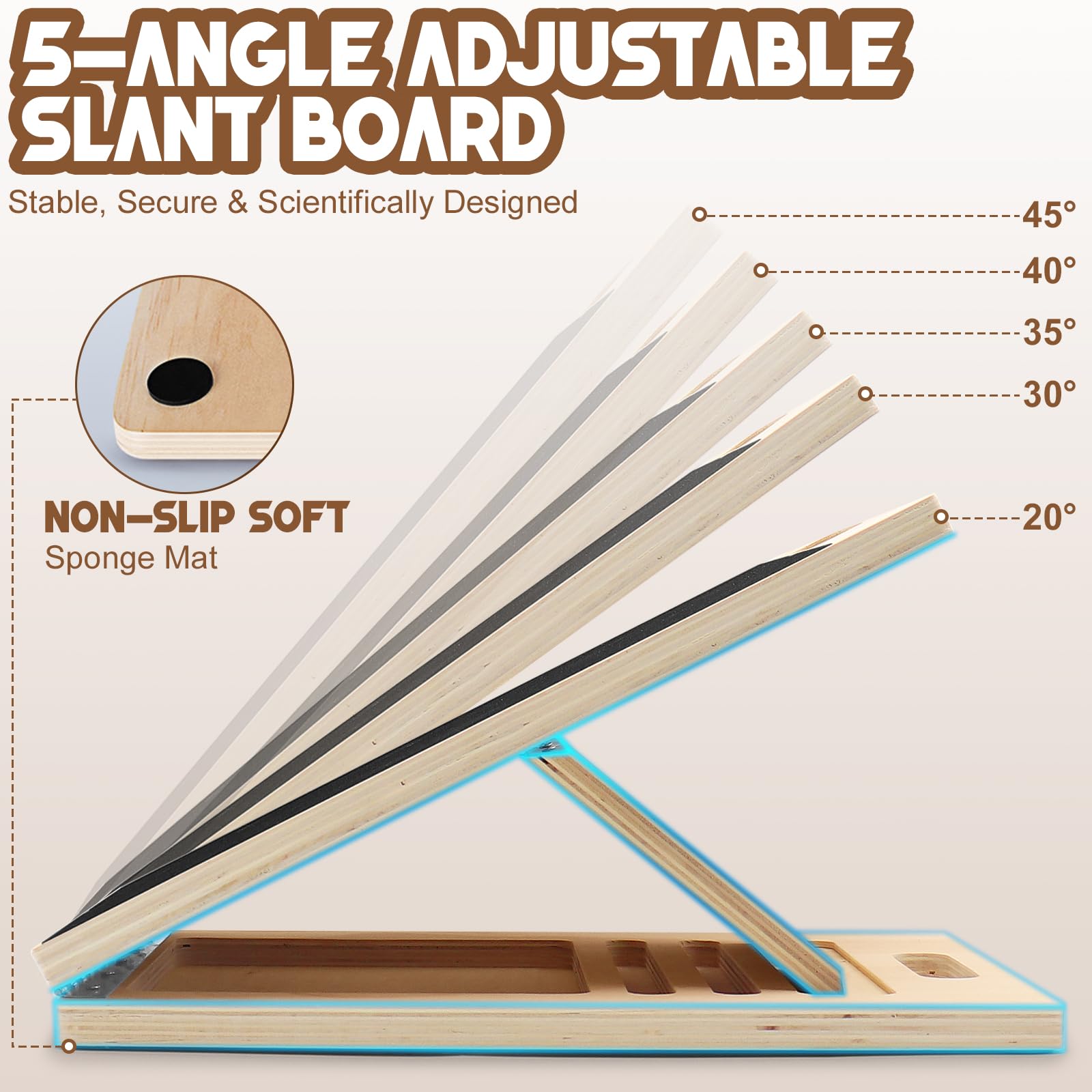 Tavola Inclinata Regolabile in Legno 40×30×4,5 cm con 5 Fasce Elastiche – Pedana Fitness Antiscivolo per Stretching, Squat, Polpacci & Riabilitazione – Con Sacca per Allenamento