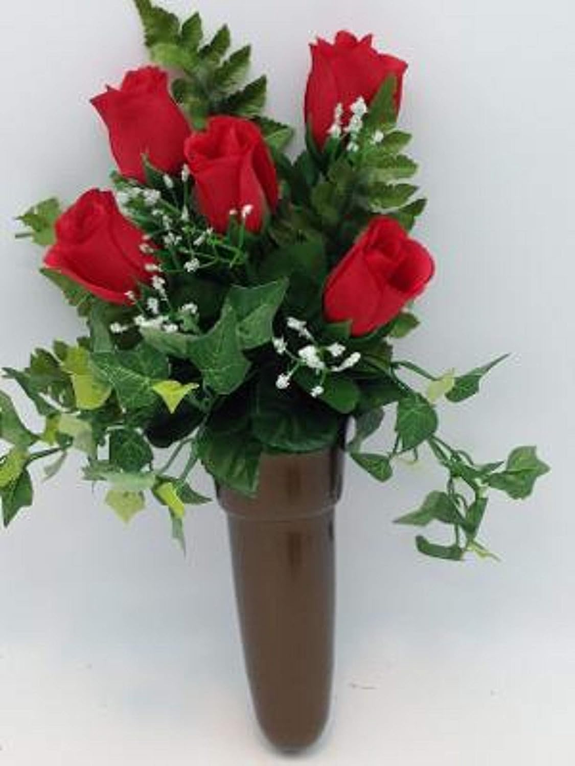 Silk Red Rose Flowers and Crypt Mausoleum Vase with Disc Base Button for Epoxy