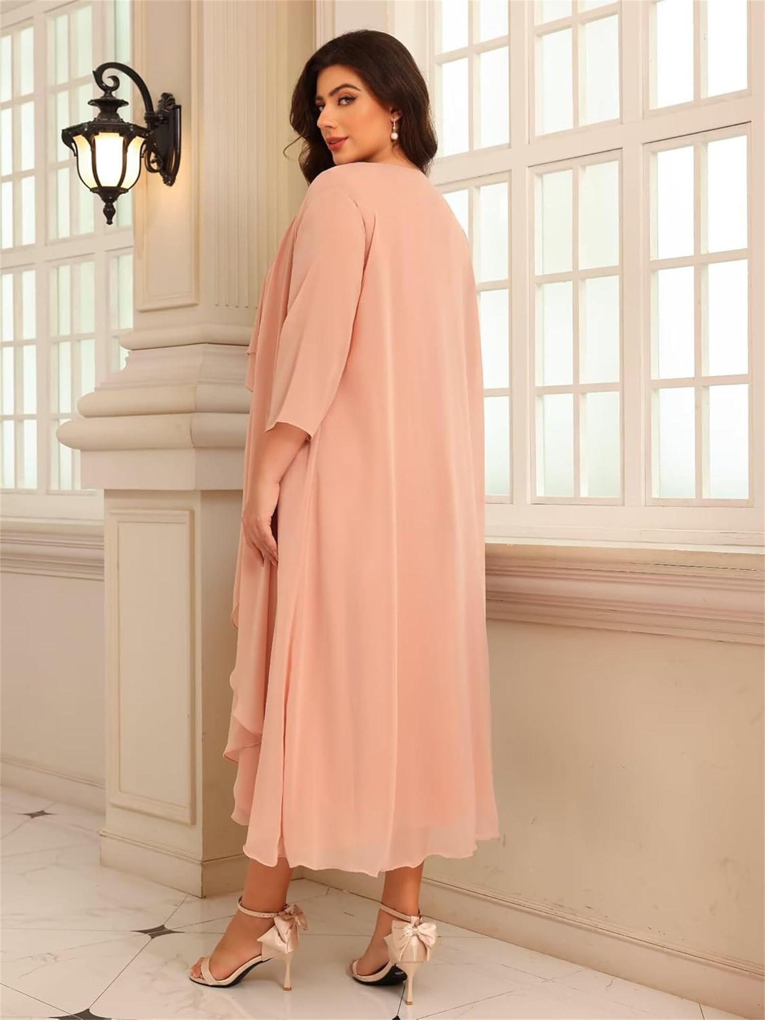 Große Größe Abendkleider Damen Lang,Zweiteilige Chiffon Brautmutterkleider mit Jacke Teelange A-Linien Hochzeitsgäste Kleid mit Bolero