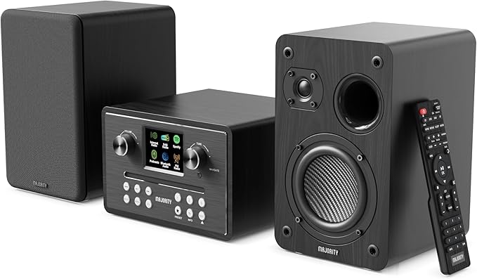 MAJORITY Homerton HiFi Bluetooth 5.3 Chaine HiFi Radio Internet | Radio Dab+ et FM | Lecteur CD Spotify Connect et Podcasts | Système Stéréo avec 60W Enceintes | Télécommande & l'application OKTIV