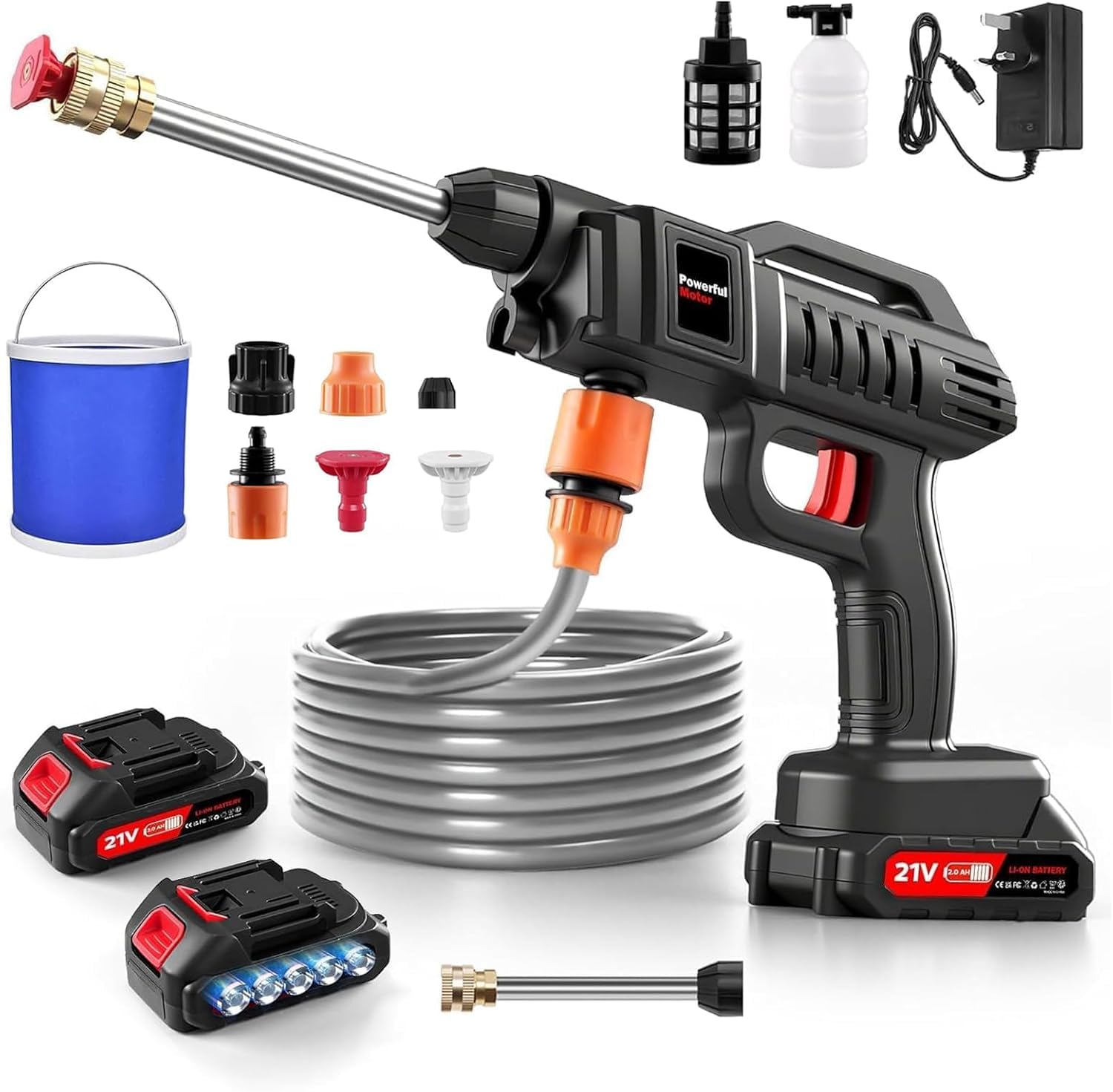 Idropulitrice a batteria, Max60Bar, idropulitrice portatile con attacco per rubinetto e 2 batterie da 2000 mAh, idropulitrice senza fili con spruzzatore in schiuma, secchio con 2 ugelli per