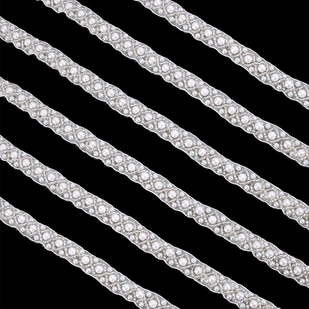5 Yards Pearl Beaded Trim Pearl Ribbon Bead Lace Border White Edge Ribbon Strips White Sheer Ribbons with Pearls Durable Polyester Sewing Trim for Sewing Bridal Party Clothes Decoration