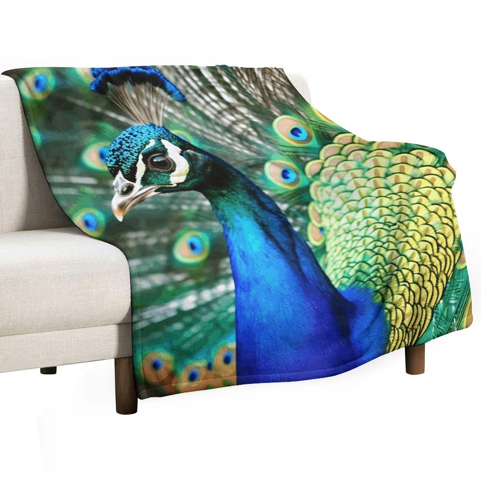 Couverture flanelle légère grand format 177x203 cm avec joli motif de paon coloré