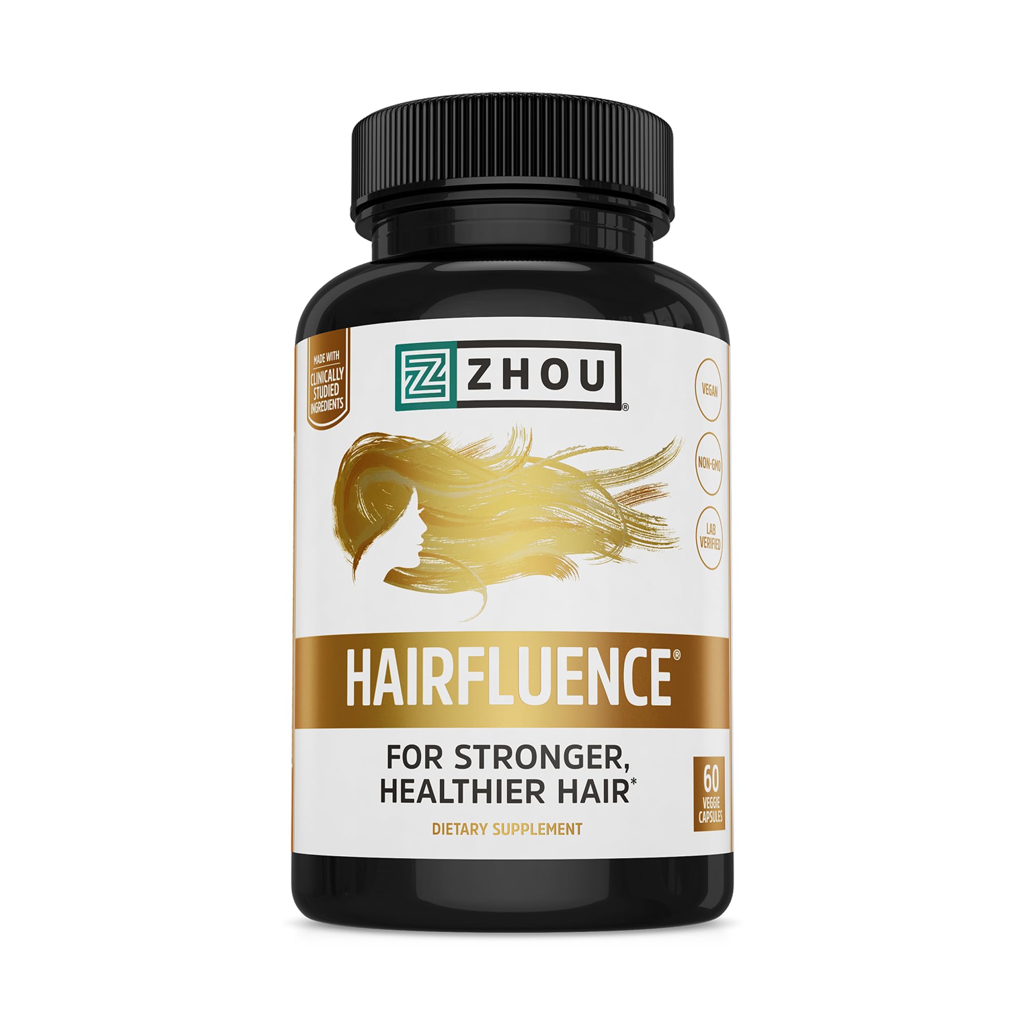 Zhou Hairfluence | Premium Hair Growth Formula for Longer, Stronger, Healthier Hair | Biotin, Collagen, Keratin, B Vitamins, Bamboo Extract | for All Hair Types | 60 VegCaps