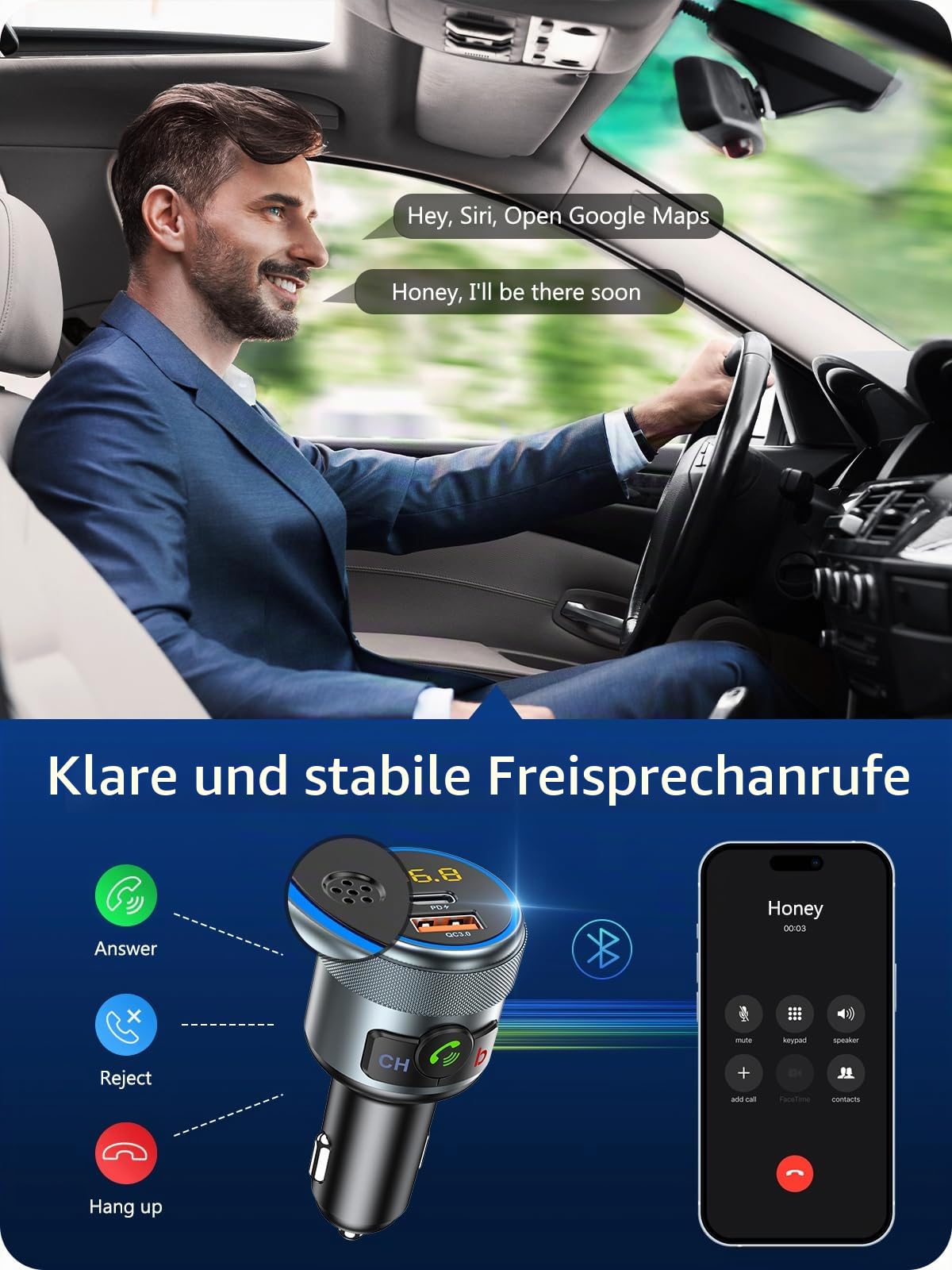 LENCENT Auto Bluetooth FM Transmitter, Wireless Bluetooth Adapter Auto FM Radio Adapter Drahtloses Radio Transmitter Freisprecheinrichtung mit Typ-C PD 20W QC3.0 18W Schnellladung