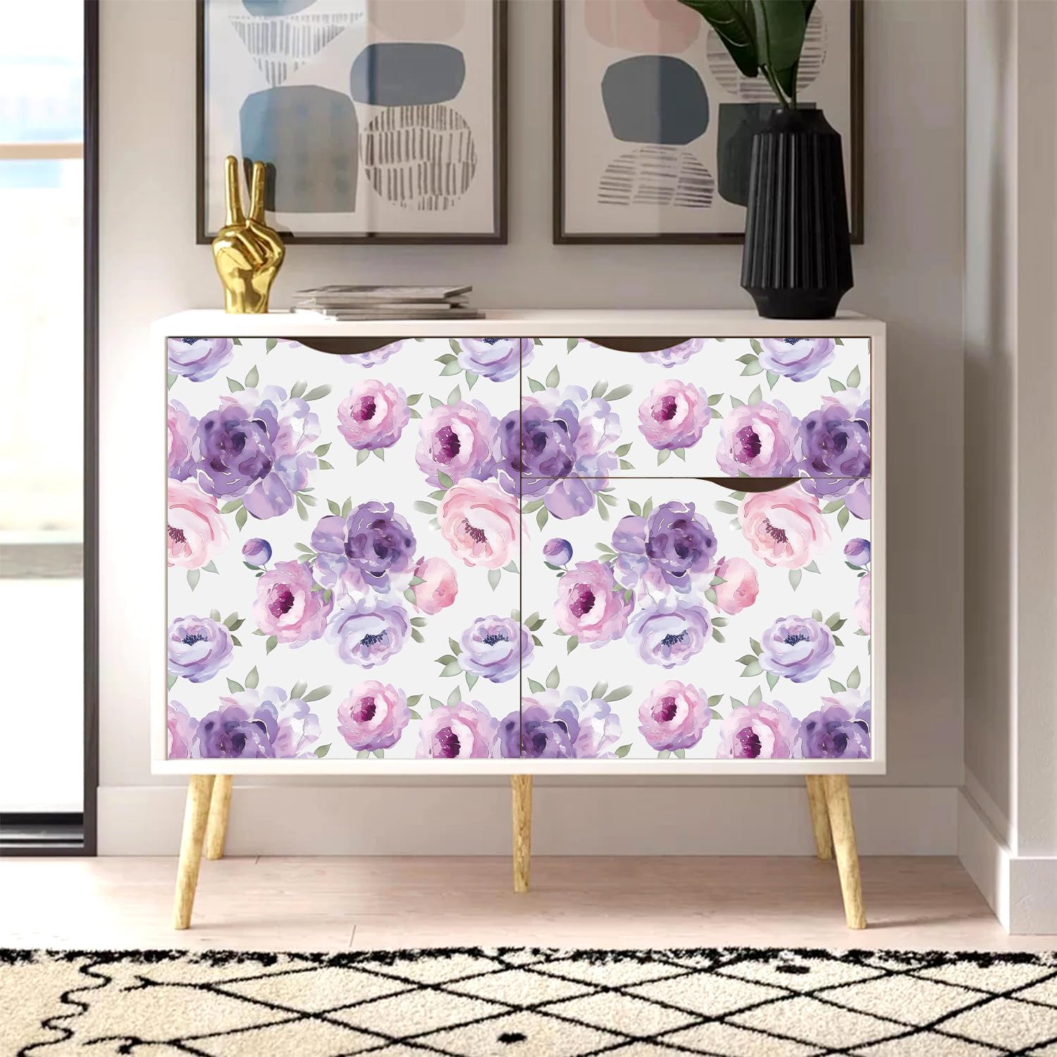 HLNIUC Watercolor Purple Floral Wallpaper 17”x118”Pink And White Peel And Stick Wall Mural Large Lilac Rose Contact Paper Light Purple Pink Girls Room Paper Aesthetic Boho Flower Art Paper for Bedroom image 5