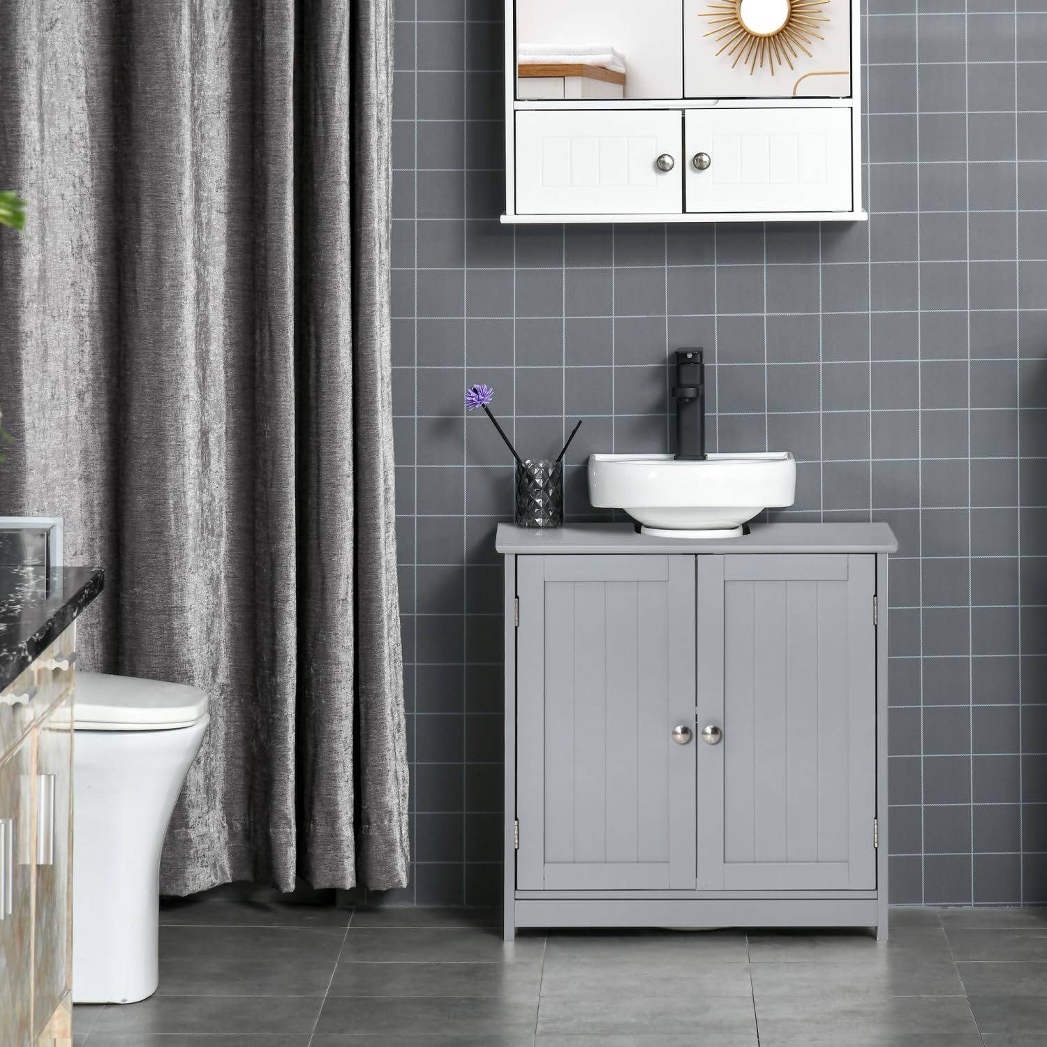 Pedestal Sink Storage Cabinet, Vanity Base Cabinet, Under Sink Bathroom Cabinet with U-Shape Cut-Out and Adjustable Internal Shelf, Gray