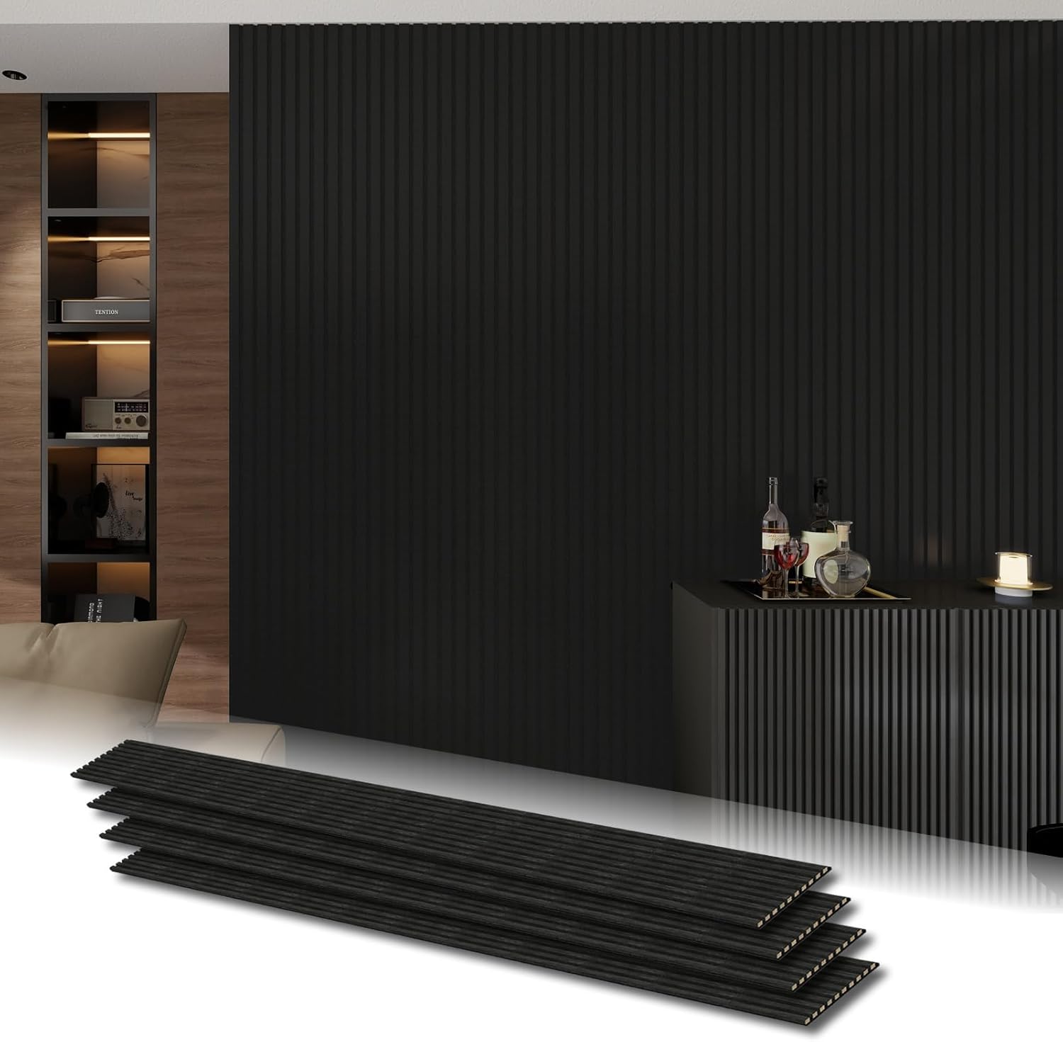 Soundproof 3D Slat Wall Panels 4-PACK 94.5"x11.8" MDF Acoustic Panels with Realistic Wood Grain for Noise Reducing Decor(WALNUT)