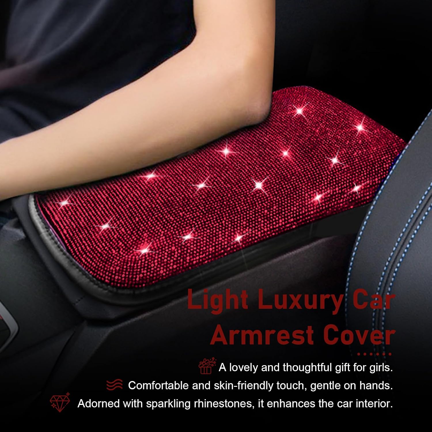 Bling Car Armrest Cover, 11.81" x 8.66" Sparkling Auto Center Console Cover Pad, Anti-Scratch & Non-Slip Arm Rest Cushion Pad, Universal Bling Car Accessories for Women Girl (Red)