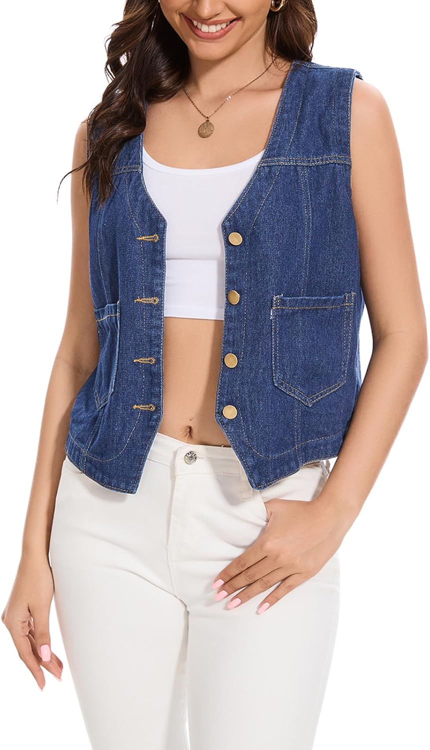 Women's Denim Jean Vest Tops 2025 Cropped V Neck Button Down Sleeveless Denim Waistcoat Jacket - Image 5