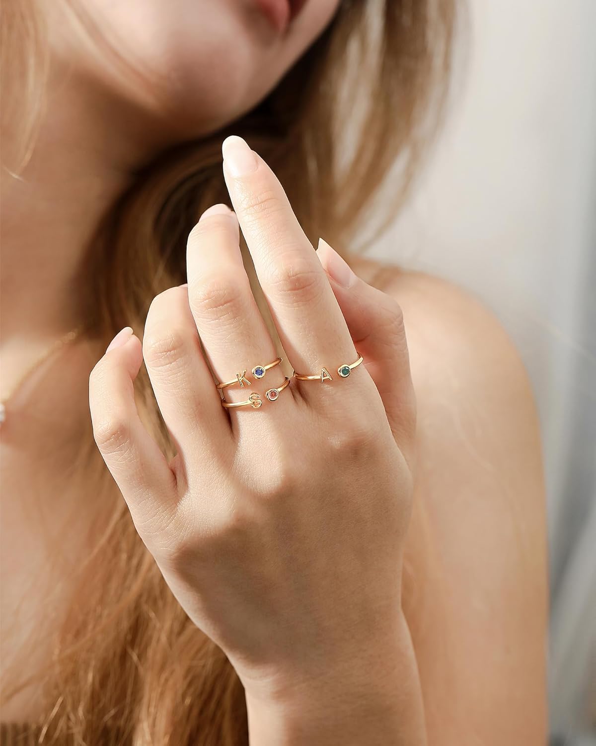 FUNEIA Initial Birthstone Rings for Women Non Tarnish Trendy Stackable Dainty Gold Letter Adjustable Emerald Green Cubic Zirconia Ring for Mothers Daughter Birthday Bridesmaid Gifts Jewelry - Image 9