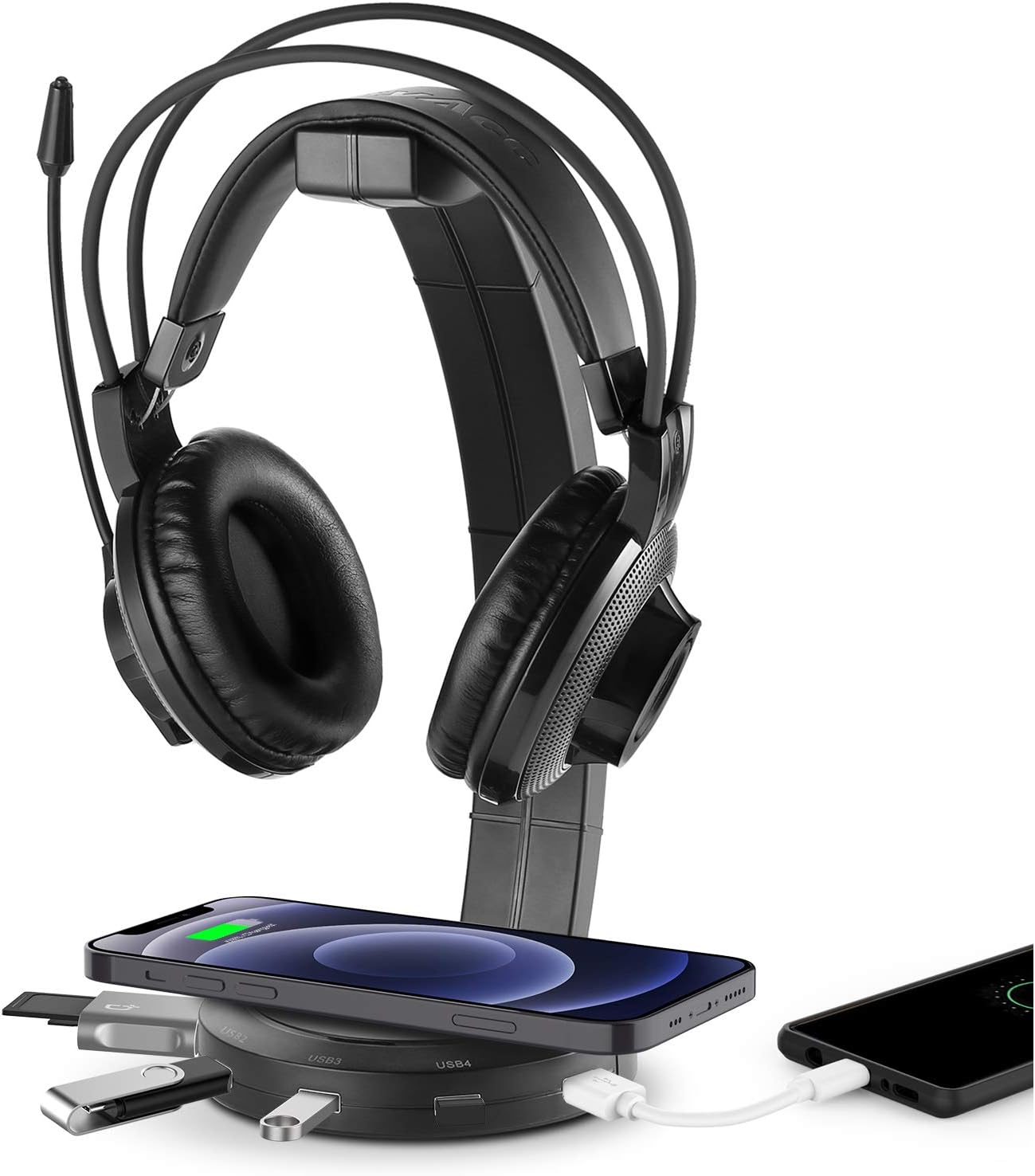 EasyAcc Wireless Charging with Headphone Stand with 18W Output USB 3.0 Charging Port 4 USB HUB Compatible with iPhone XR/Xs Max/XS/X/8/8 Plus, 10W Fast Charging Galaxy S10/S10 Plus/S10E/S9 and More