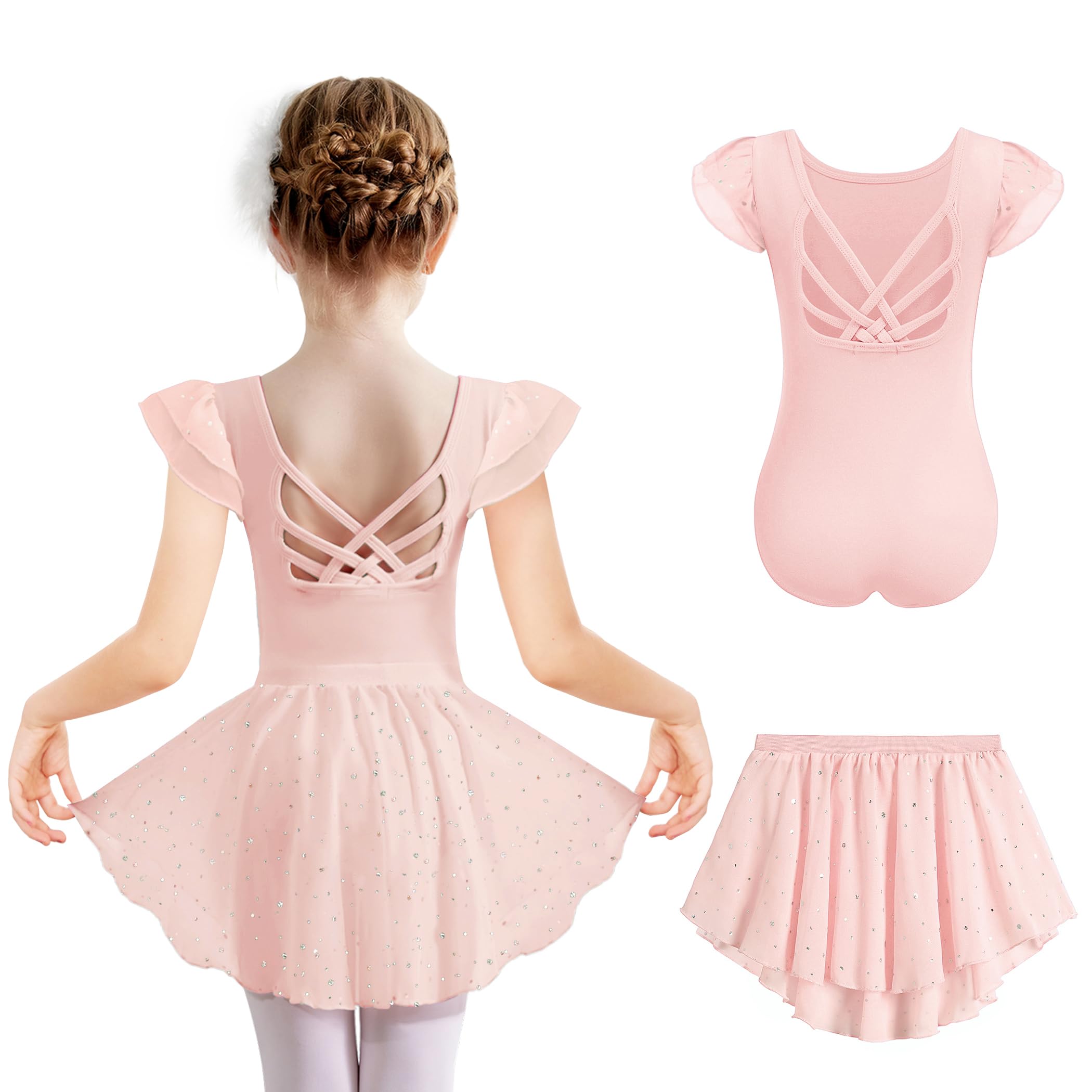 Arshiner Girls' Ballet Clothing 2-9 Years Short Sleeve Ballet Dress Cotton Backless Ballet Jersey Kids Glitter Dance Dress Two Piece Ballet Suit Toddler Dance Bodysuit with Chiffon Skirt Tutu