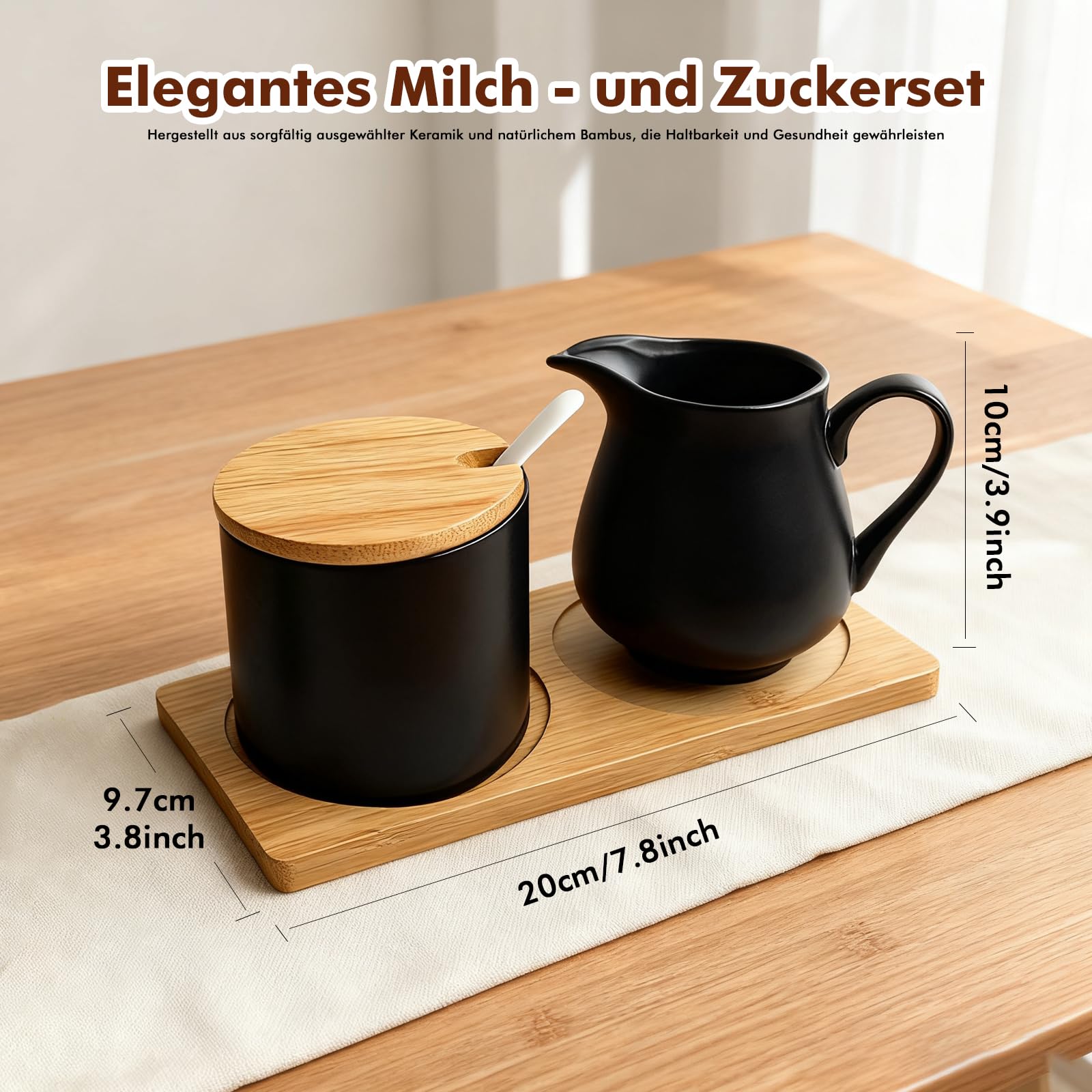 Set di latte e zucchero con coperchio e cucchiaio, in ceramica, con coperchio in bambù e zuccheriera, incluso vassoio in legno, lavabile in lavastoviglie, ideale per caffè, tazze da cappuccino e