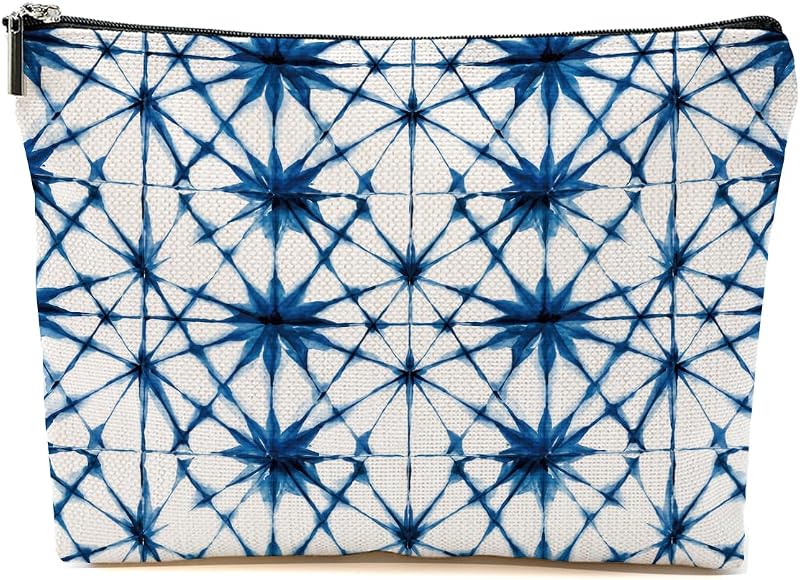 Necessaire de maquiagem Blue Leaves com estampa geométrica, fechamento com zíper, Multicolor 1541