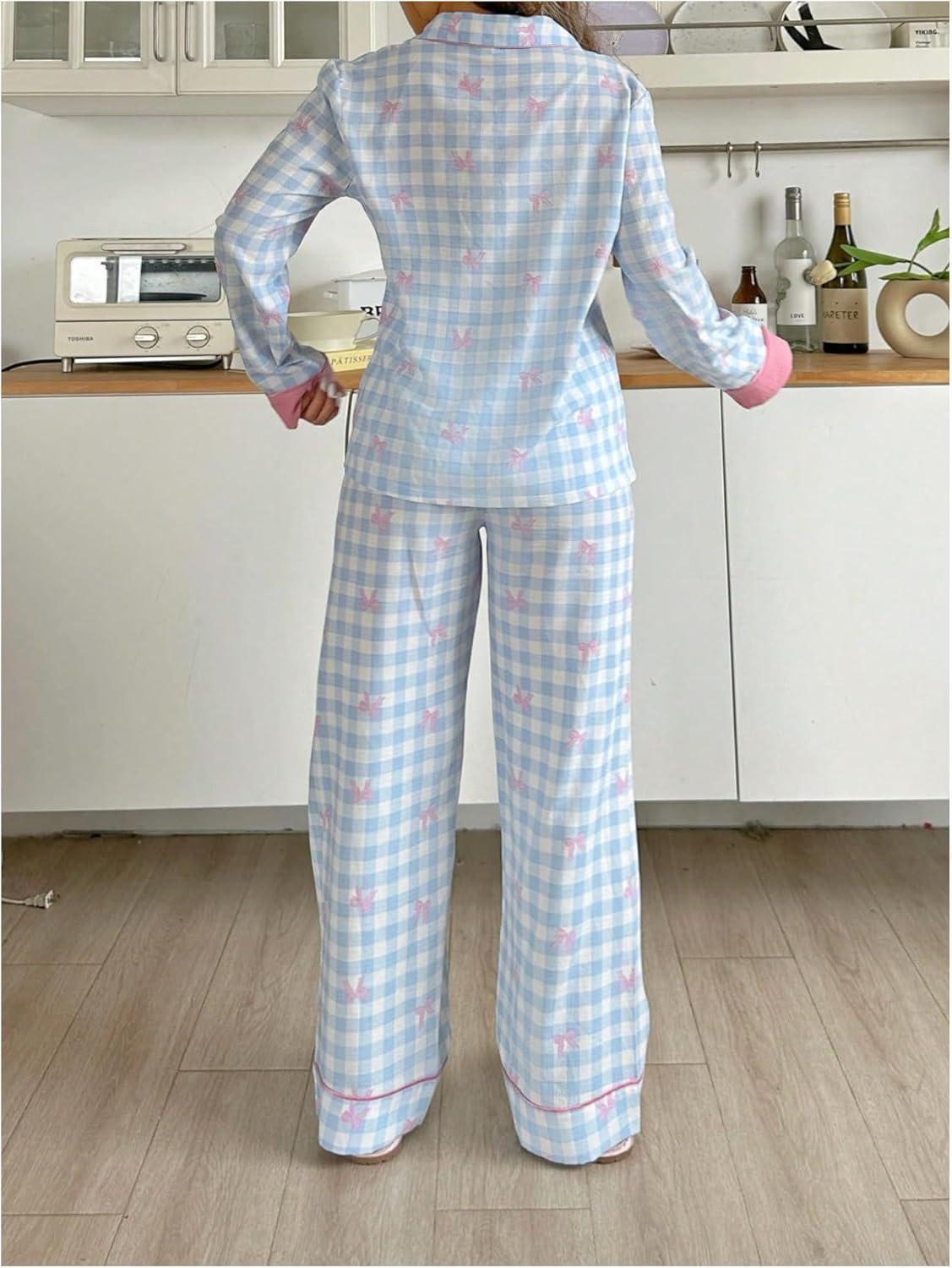 SHENHE Women's Bow Pajamas Gingham Button Down Long Sleeve Pjs Pants Coquette Loungewear - Image 3