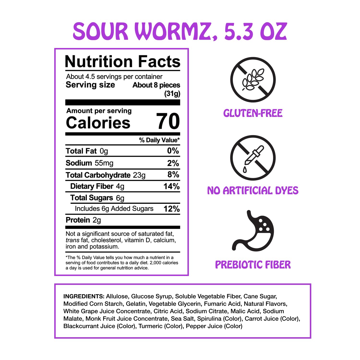 Rotten Sour Gummy Worms - Low Sugar, Low Calorie, 7g Gut-Friendly Prebiotic Fiber and 3g Protein, Gluten Free Candy - 5.3 oz Share Pack [4 Pack]