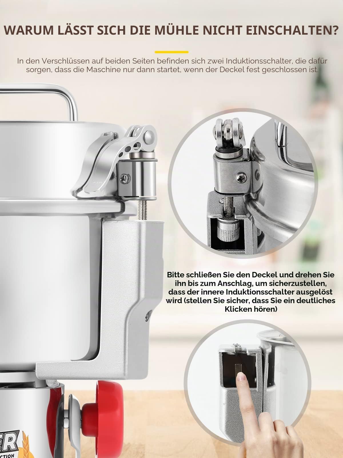 CGOLDENWALL 2000g Superfein Getreidemühle Elektrische Edelstahl Gewürzmühle Open-Cover-Stop für Trocken Getreide/Kräuter/Kaffee Samen 3000W 32000 U/Min Handelsmotor, mit Überlastschutz