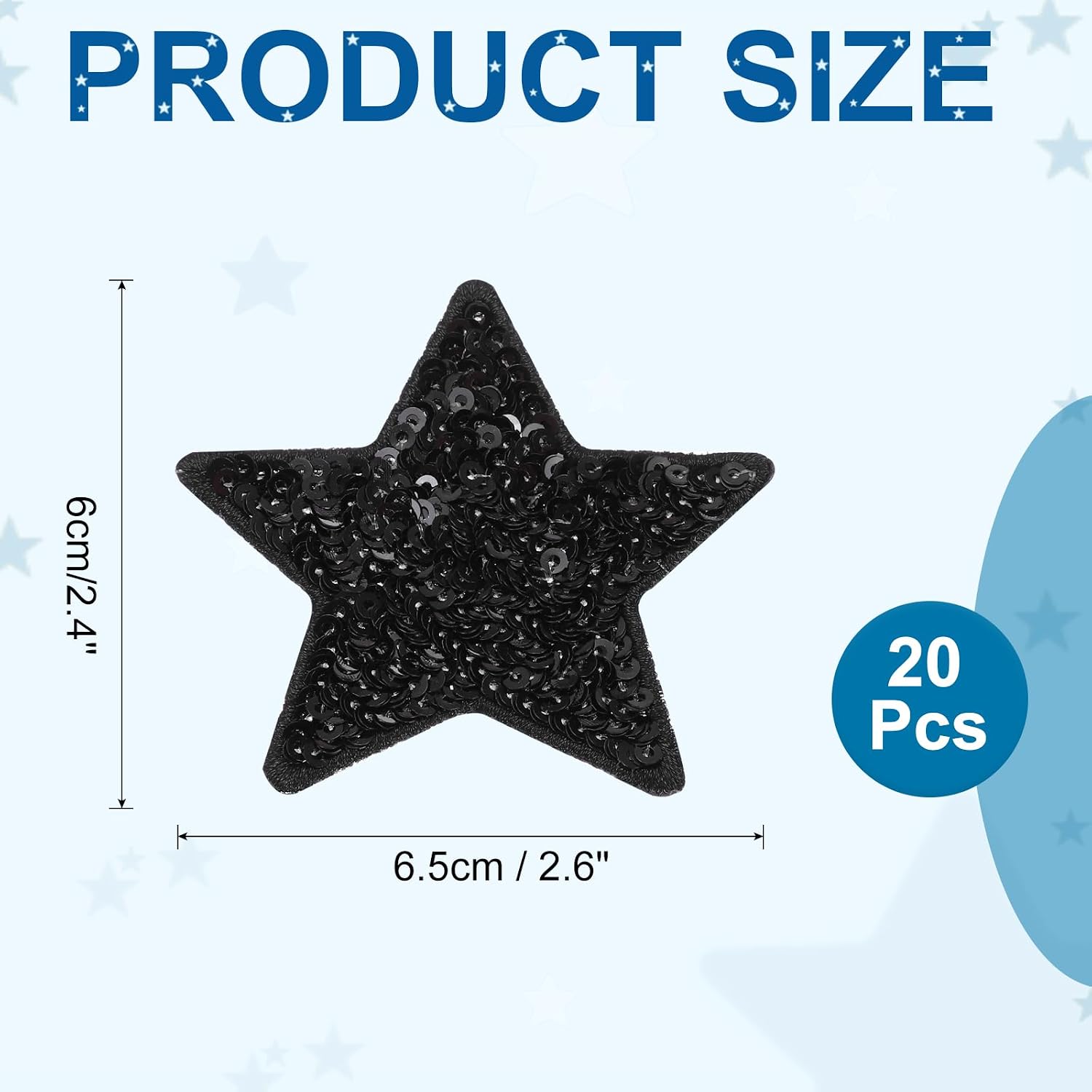 MECCANIXITY 20 Pcs Sequin Star Iron on Patches, 2.6 x 2.4 Inch Embroidery Sequin Patches for Clothing Repair Backpack Shoes Decoration, Black
