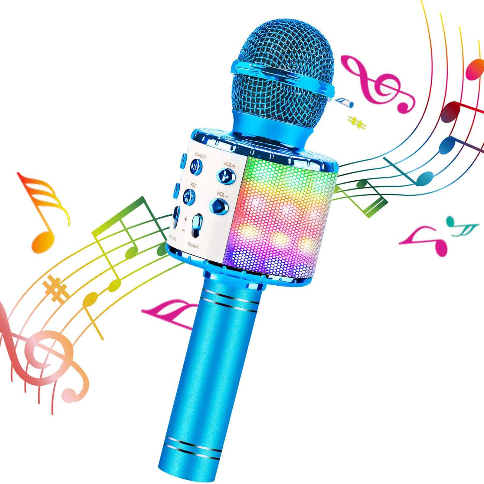 Wireless Karaoke Microphone Bluetooth Handheld Portable Speaker Home KTV Player with Dancing LED Lights Record Function for Kids (Blue)