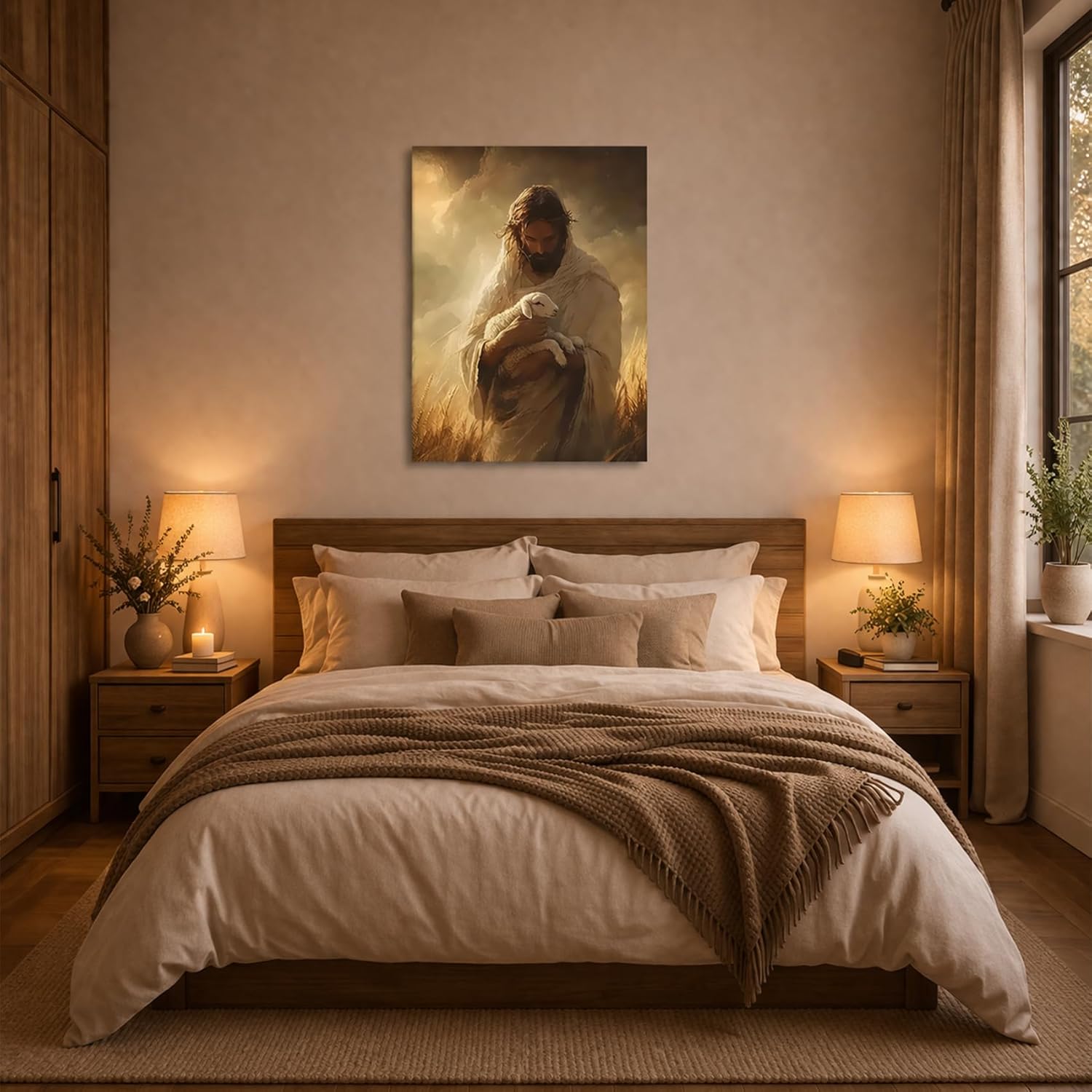 Jesus Holding Lamb Framed Canvas Wall Art Christian Good Shepherd Painting Religious Wall Decor for Living Room Bedroom Church Prayer Room 16x24 Inch Ready to Hang