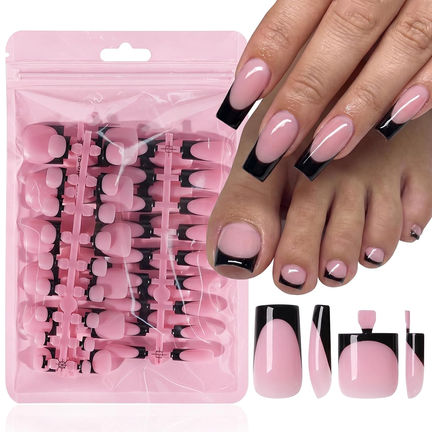 60pcs Black French Tip Press on Nails & Square Press on Toenails Set, Pink Stick on Nail Tips with Glue, Acrylic Nails Press ons Square French Tip Glue on Nails Artificial Fake Toe Nails for Women