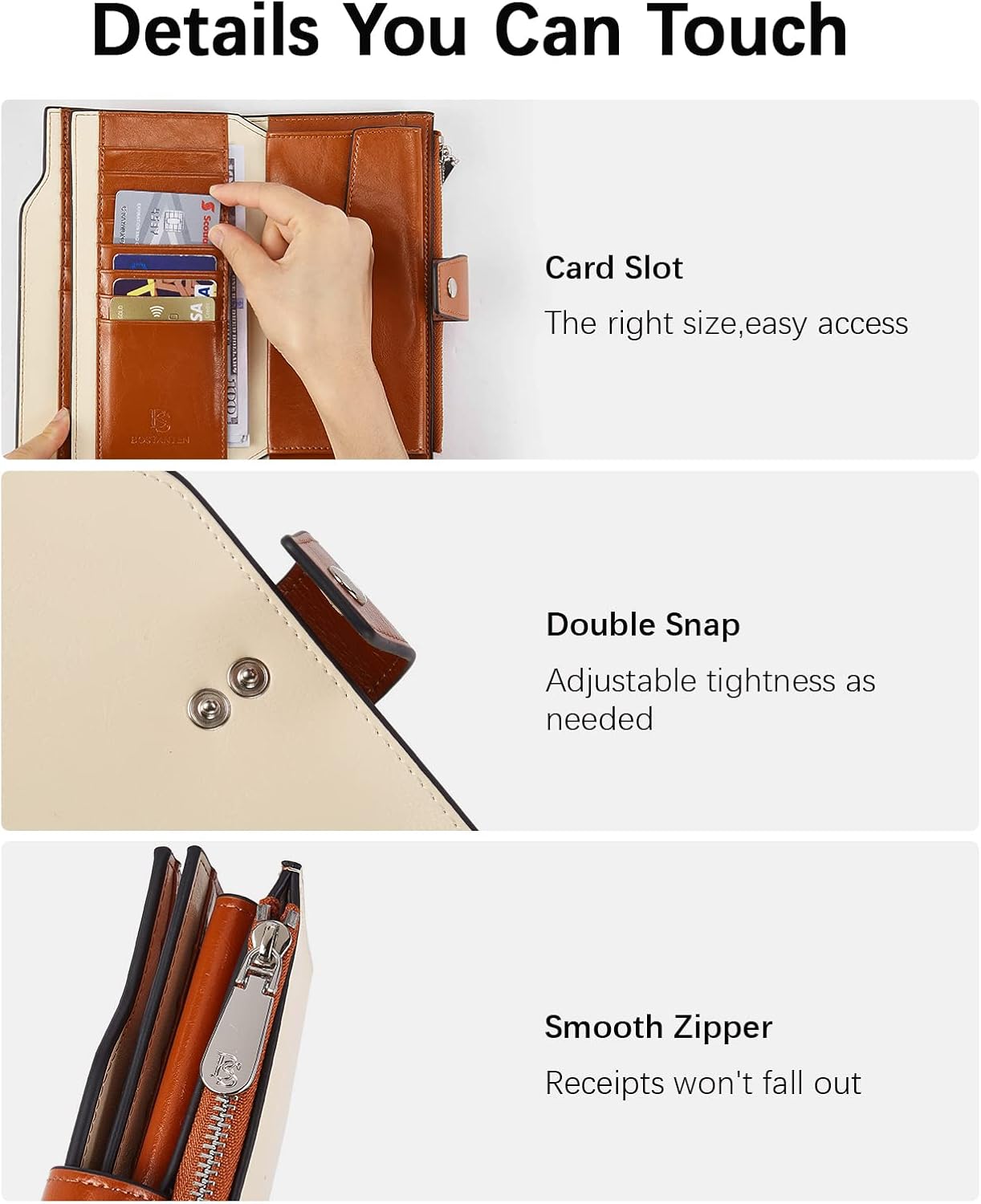 BOSTANTEN Womens Wallet Genuine Leather Wallets Large Capacity Cash Cluth Purses with Zipper Pocket Beige-Brown - Image 5