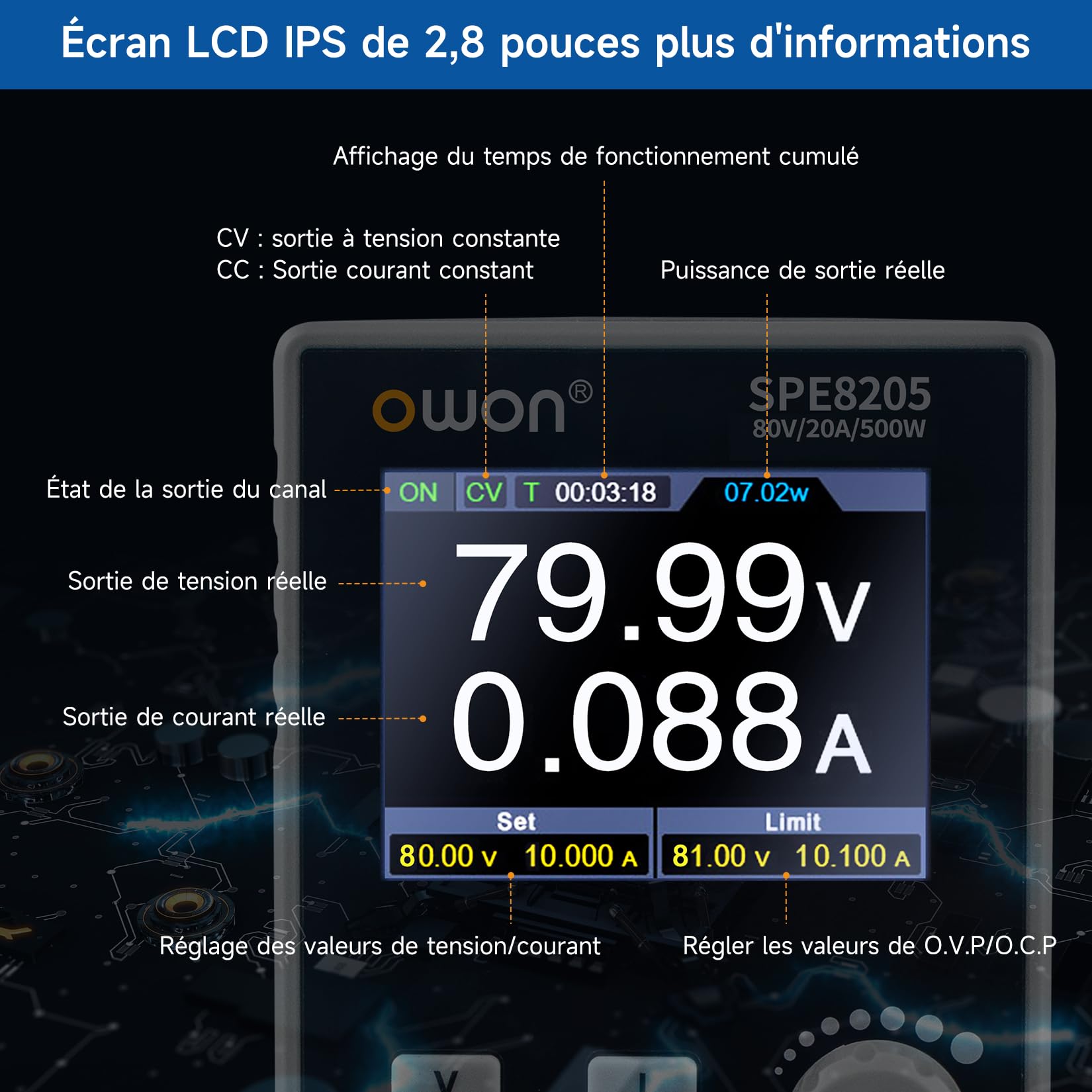OWON SPE8205 Alimentation CC programmable (0-80 V 0-20 A), Puissance de Sortie 500 W, Ensemble d'alimentation de Banc résolution 10 mV/1 mA, Alimentation CC avec Sortie Stable