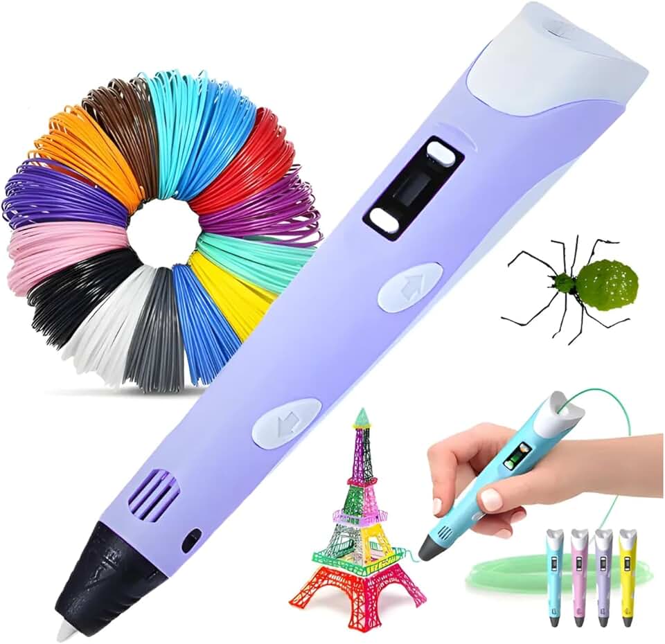 Caneta Impressora 3D USB Bivolt com Controle de Temperatura, Display LCD e Filamentos ABS/PLA - Kit Completo para Crianças e DIY Criativo (Lilás)