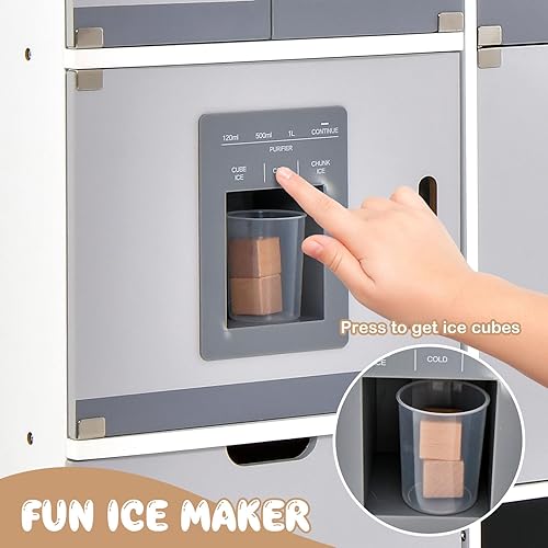 Miniatura 3 de HONEY JOY Juego de cocina para niños, cocina modular de madera de 2 piezas para niños pequeños y refrigerador con máquina de hielo, campana